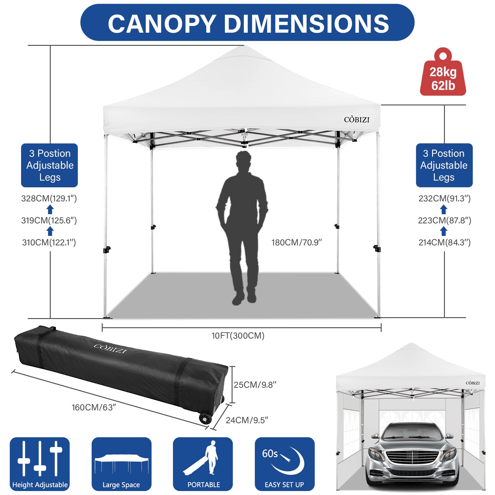 10 x 10ft Pop Up Canopy Tent Instant Outdoor Party Heavy Duty Canopy Straight Leg Commercial Gazebo Tent Shelter with 4 Removable Sidewalls, 4 Sand Bags, Roller Bag, White