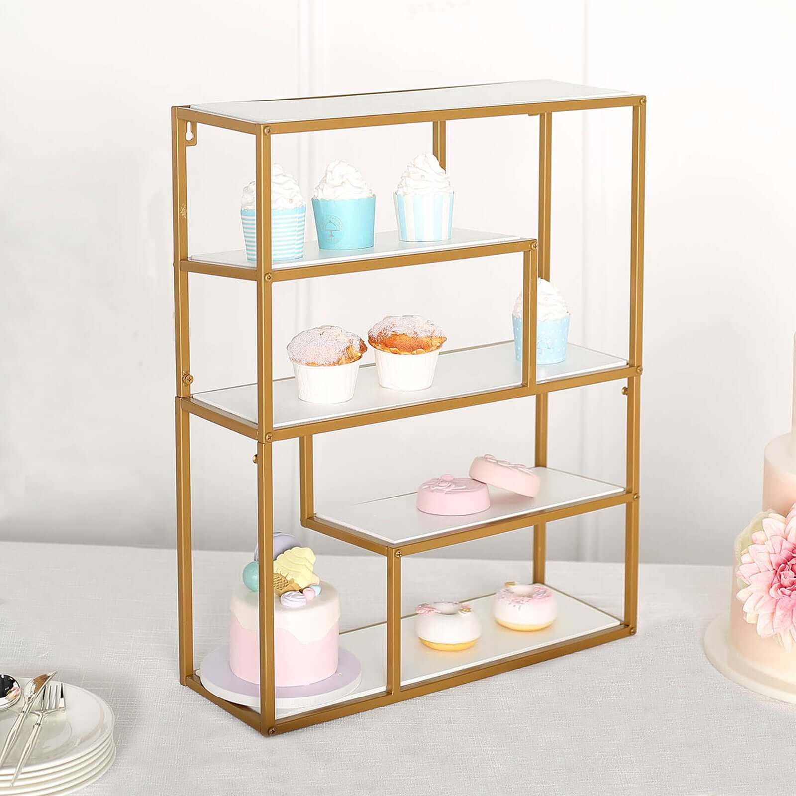 Gold Metal 4-Tier Dessert Cupcake Stand, Wall Hanging Shelf Display Rack, Book Shelf With White Wood Panels 22