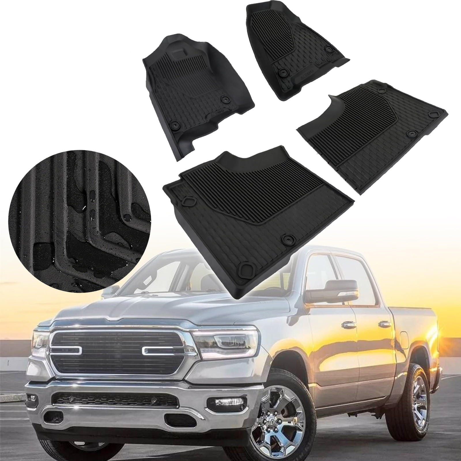 3D Black Rubber Floor Mats Liners for Ram 1500 2019-2022 Crew Cab All Weather