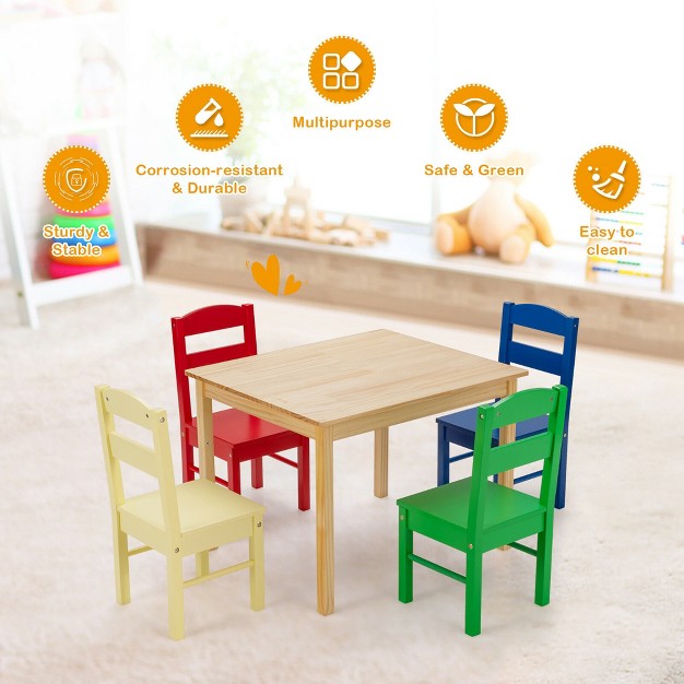 Costway Kids 5 Piece Table Chair Set Pine Wood Multicolor Children Play Room Furniture