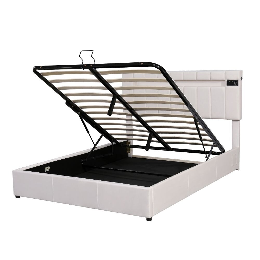 Upholstered Bed Queen Size with LED light  Bluetooth Player and USB Charging  Hydraulic Storage Bed