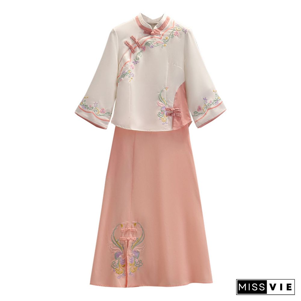 Floral Embroidery Buckle Vintage Top Skirt Set