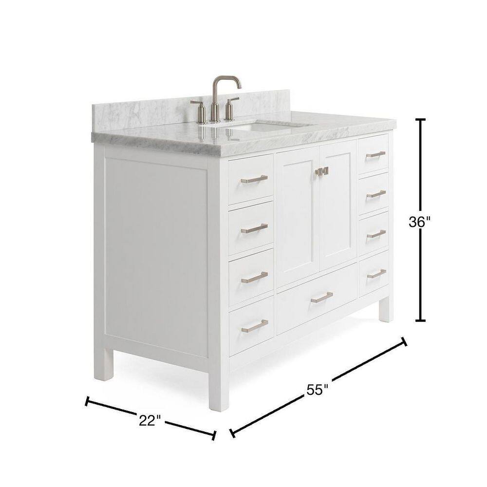 ARIEL Cambridge 55 in. Bath Vanity in White with Marble Vanity Top in Carrara White with White Basin A055SCWRVOWHT