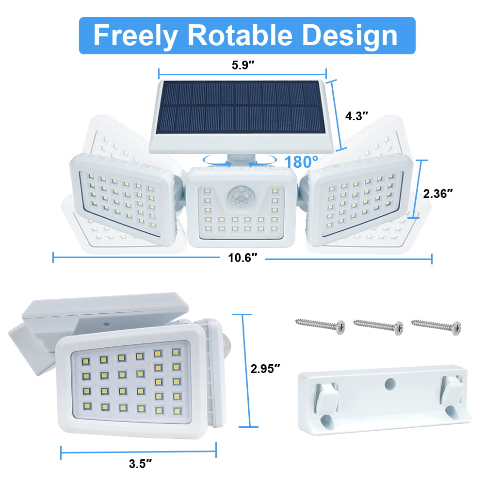 Solar Lights Outdoor， 70LED Wireless LED Solar Motion Sensor Lights Outdoor 3 Adjustable Heads， 270° Wide Angle Illumination， IP65 Waterproof， Security LED Flood Light (White)