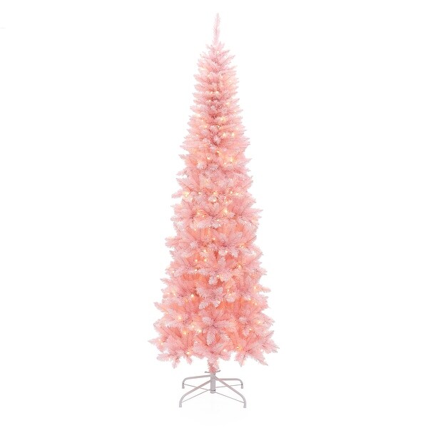 7Ft PreLit Pink Slim Hinged Artificial Christmas Tree with 8 Lighting Modes