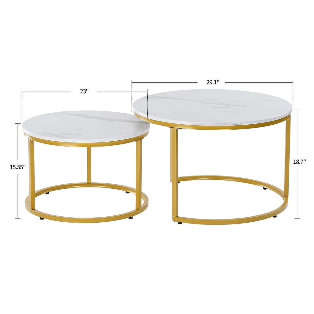 Modern White Marble Coffee Table  Industrial Round Metal Frame in Golden Style   Set of 2 Living Room or Lounge