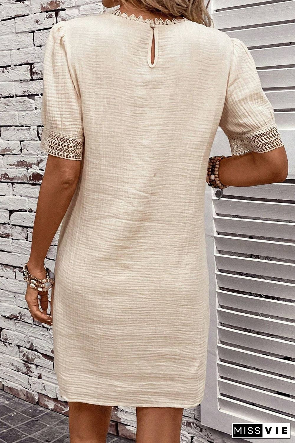 Beige Crinkle Lace Trim Puff Sleeve Shift Mini Dress