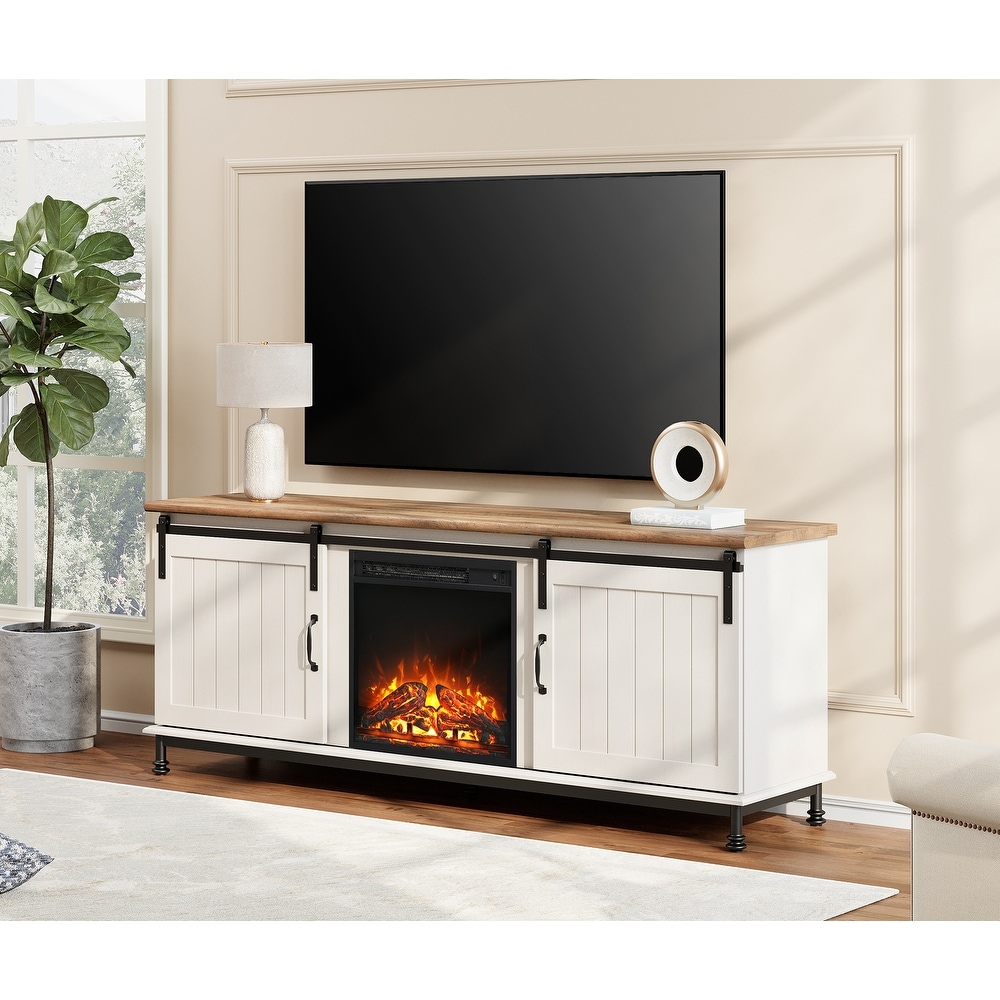 WAMPAT Fireplace TV Stand   Farmhose Entertainment Center with 18'' Electric Fireplace Sliding Barn Door  Storage Cabinet