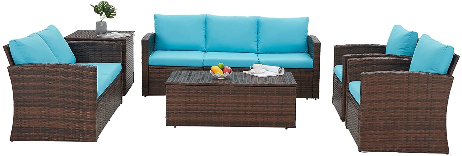 AECOJOY 6 Pieces Outdoor Furniture Set Patio Rattan Wicker Sectional Sofa Conversation Set, Blue