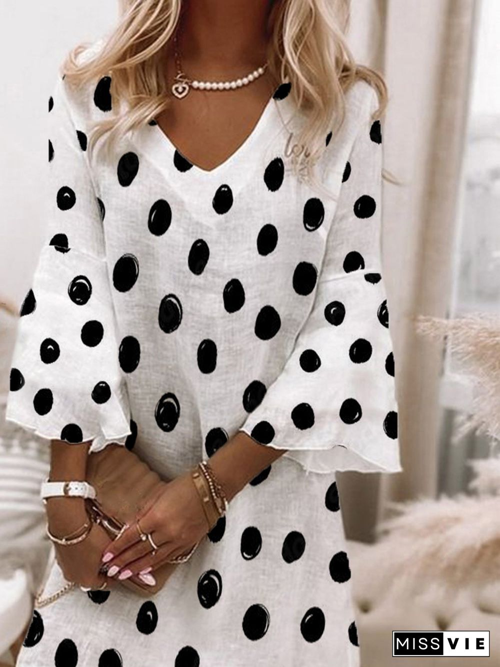 V Neck Polka Dots Casual A-Line Dresses