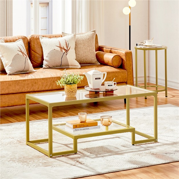 Yaheetech Modern Tempered Glass Coffee Table With Open Shelf For Living Room Gold