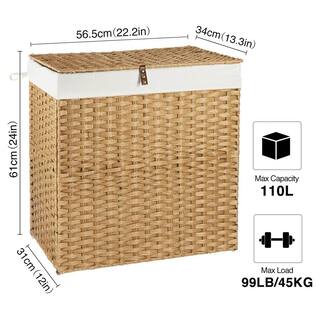 110L Rattan Laundry Basket Hamper with 2 Removable Liner Bags Natural hamper-133