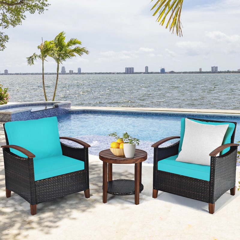 3 Pcs Patio Furniture Set Outdoor Rattan Sofa & Side Table Conversation Bistro Set with Acacia Wood Frame