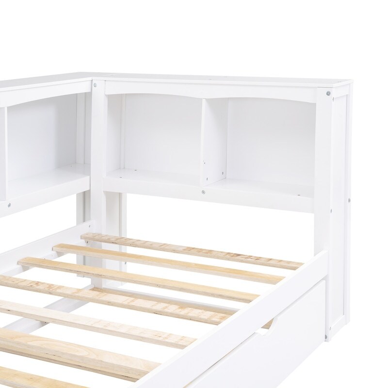 Twin Size Day Bed with Bookcases  Daybed with Trundle USB Ports and 5 Built in Storage Cabinets  Wood