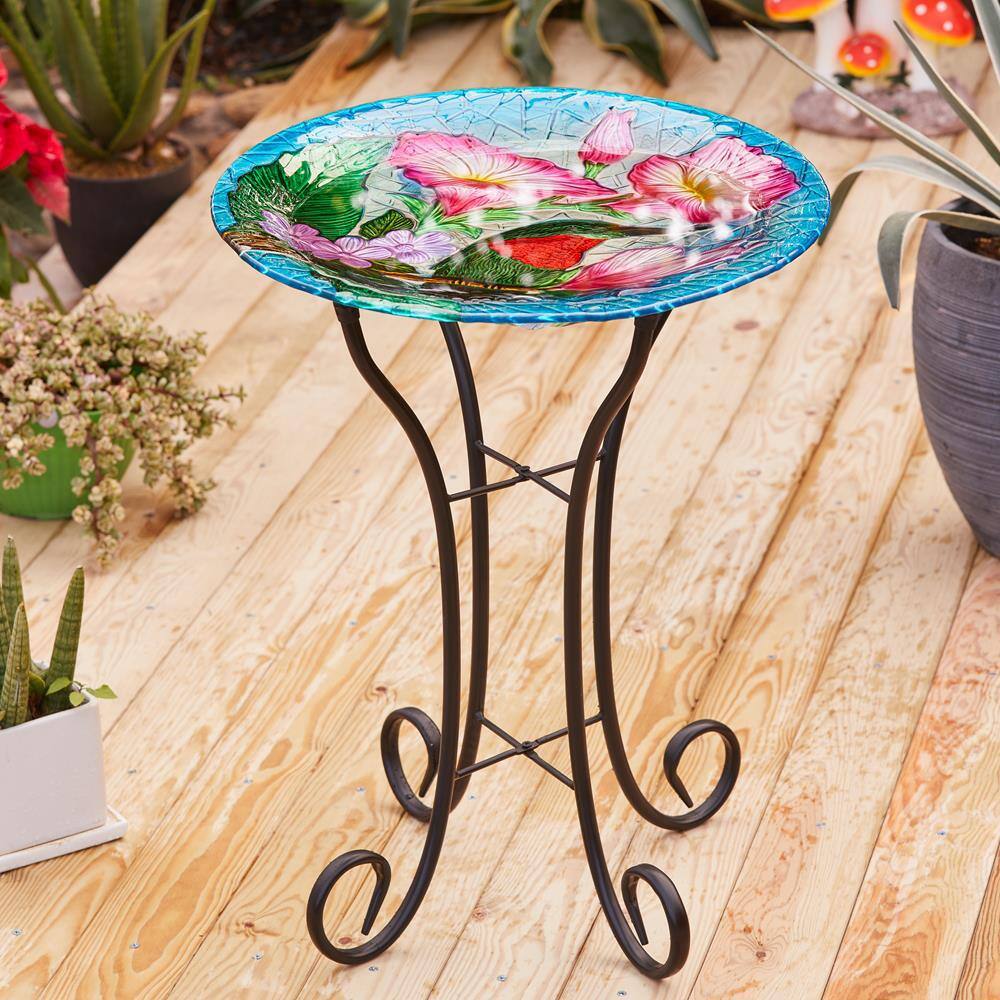 Luxen Home Hummingbird Floral Glass Bird Bath with Metal Stand WHP1521