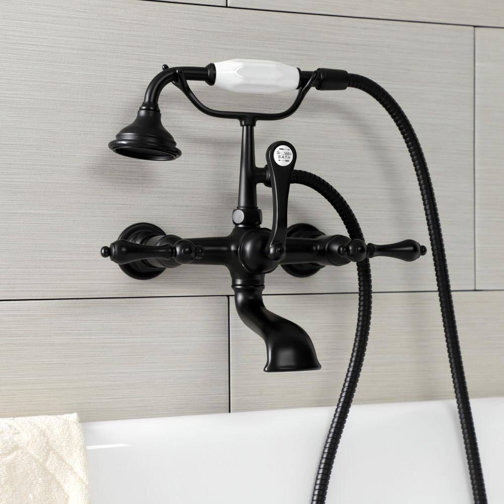 Kingston Brass Aqua Vintage 3-Handle Wall-Mount Clawfoot Tub Faucets with Hand Shower in Matte Black HAE551T0