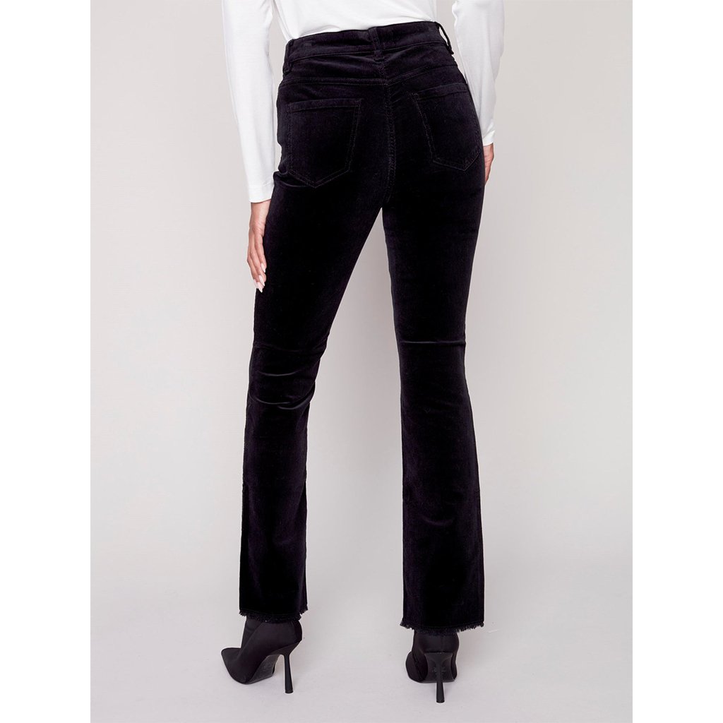 Charlie B  Bootcut Corduroy Pants with Asymmetrical Fringed Hem - Black