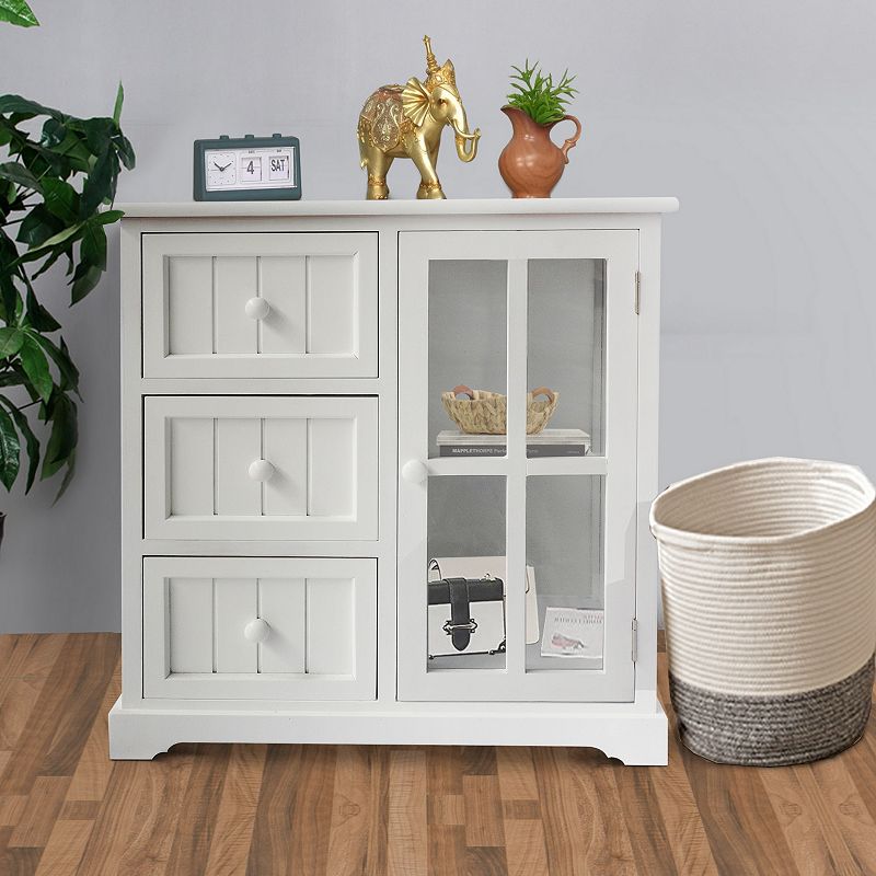 24 Inch Paulownia Wood Accent Cabinet， 3 Drawers， 1 Glass Door， White