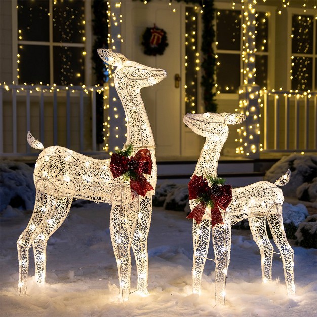 Joiedomi 2 Pcs 210 Led Lighted Tinsel Doe And Fawn Led Yard Lights Christmas Outdoor Warm White Reindeer