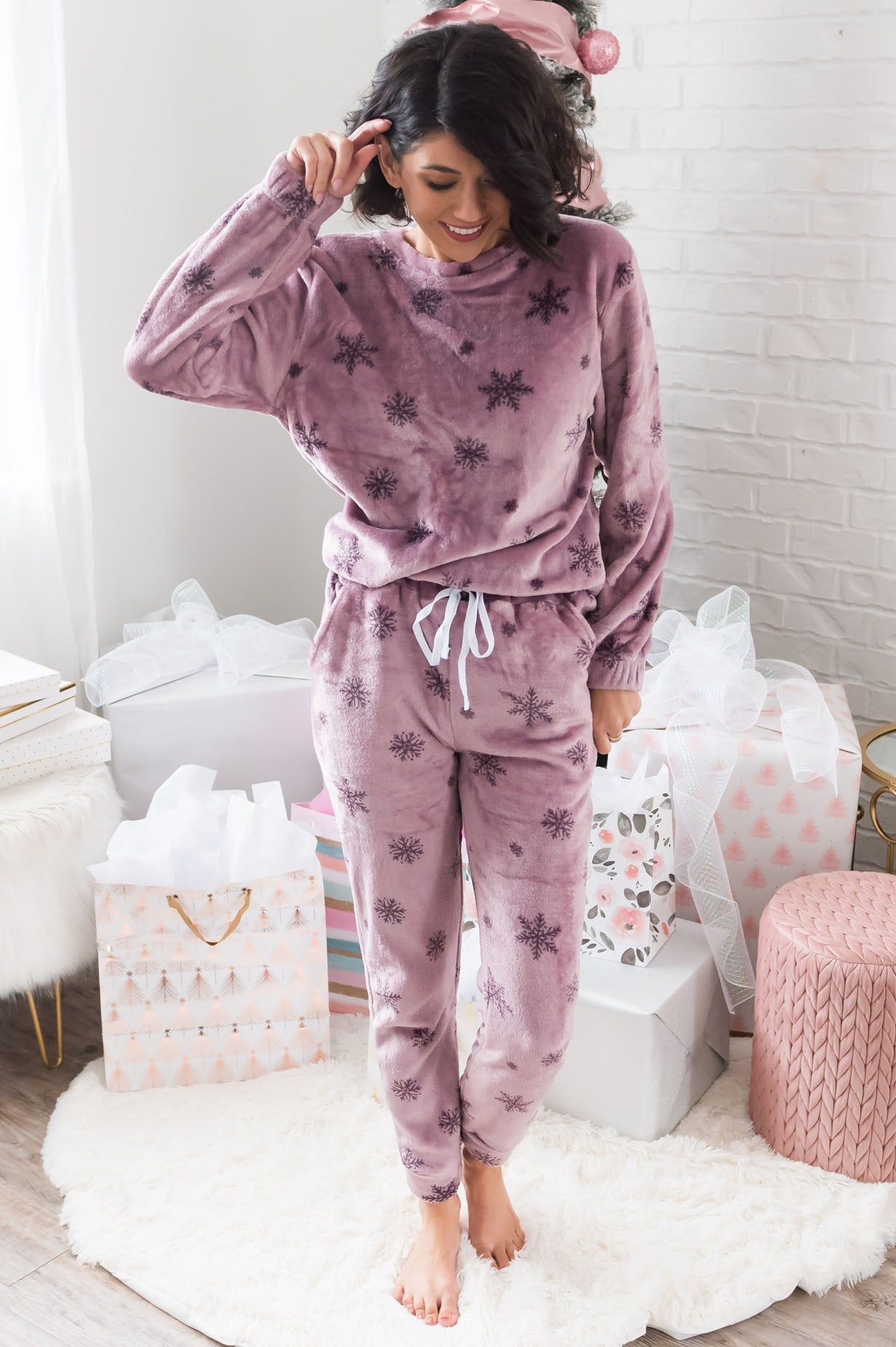 Sugarplum Snowflakes Modest Fuzzy Lounge Set