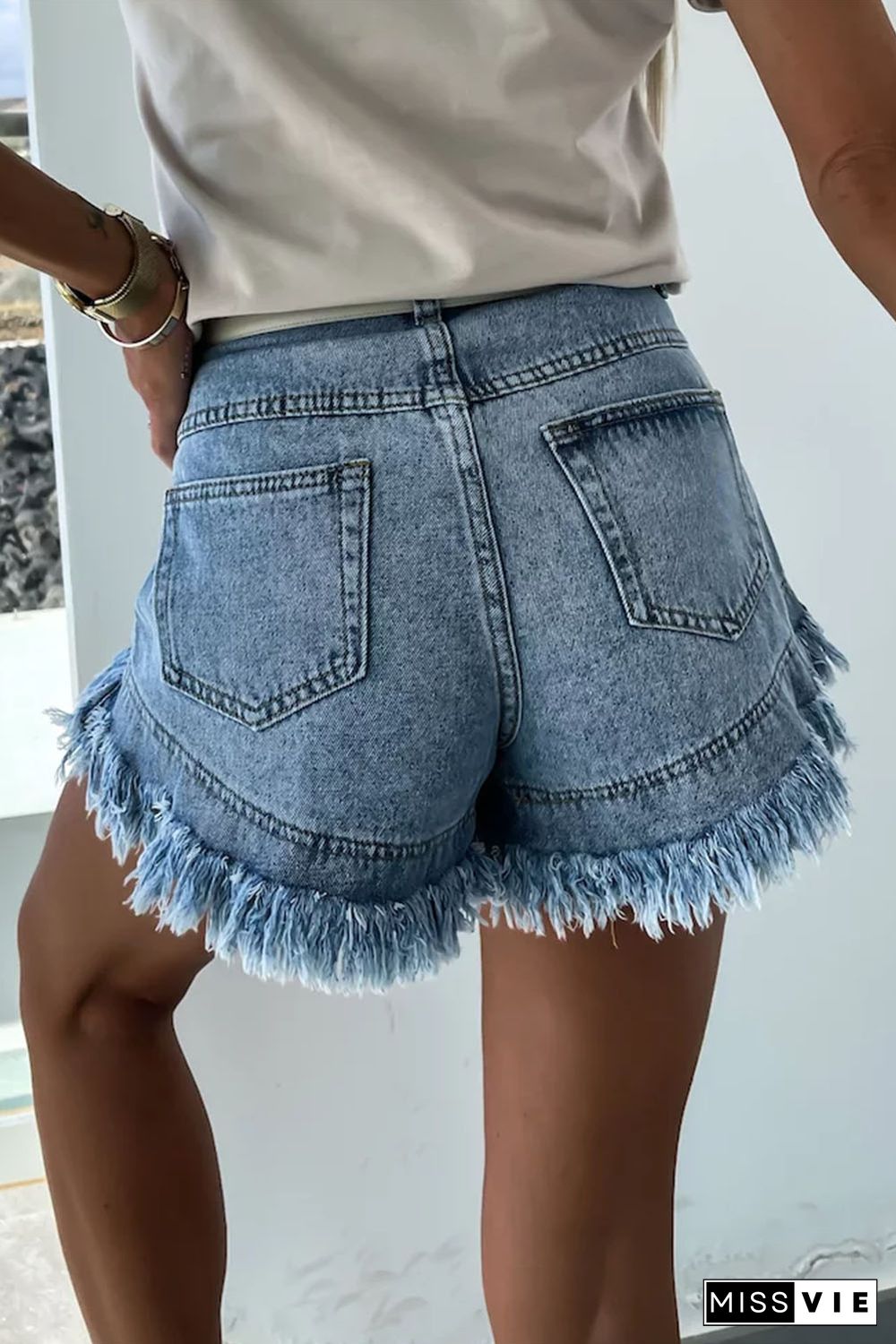 Sky Blue Raw Hem Acid Wash Denim Shorts