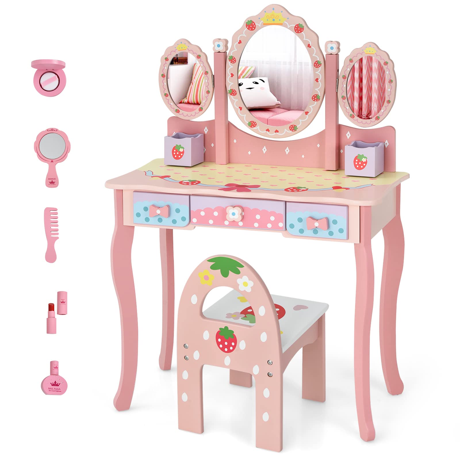 Costzon Kids Vanity Table & Chair Set, 2 in 1 Princess Makeup Dressing Table w/Detachable Top