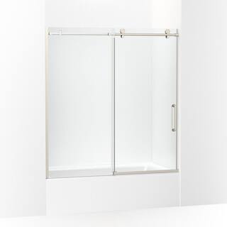 KOHLER Cursiva 59.875 in. W x 62 in. H Sliding Frameless Bath Tub Door in Anodized Brushed Nickel K-707626-8L-BNK