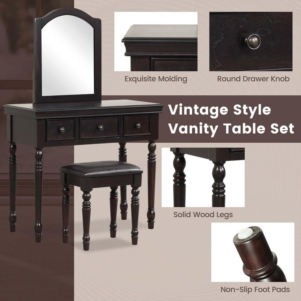 Costway Vanity Table Set Makeup Desk Cushioned Stool 3 Drawer Large   See Details