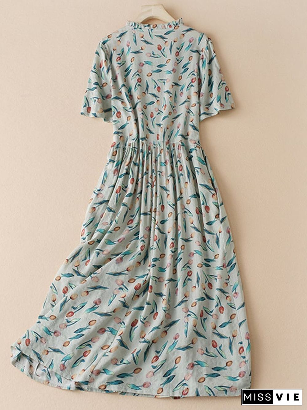 Cotton And Linen Printed Artistic Waistband Dress