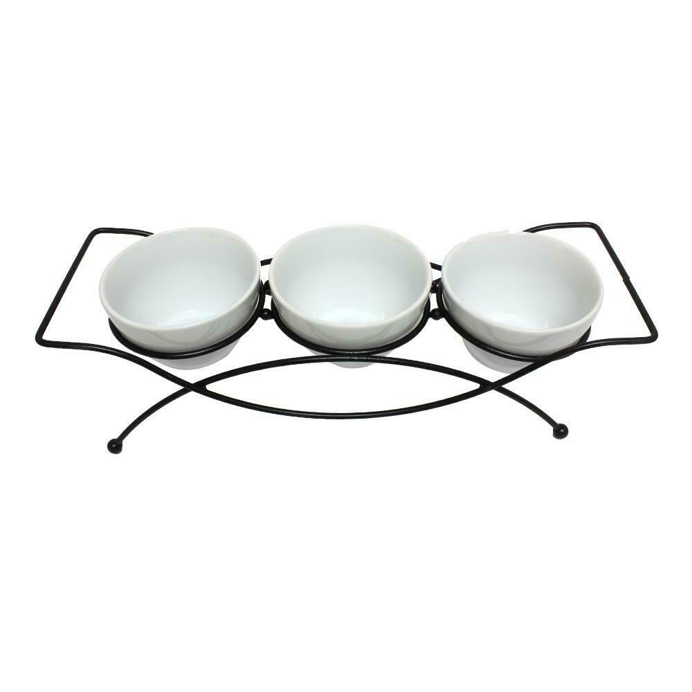 Porcelain Serving Bowl Set with Metal Rack - 4 Pcs. Appetizer Serving Bowls Set