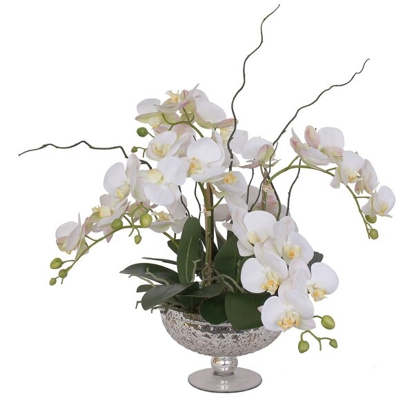 Real Touch White Orchid Flower Arrangement in Round Silver Glass Bowl