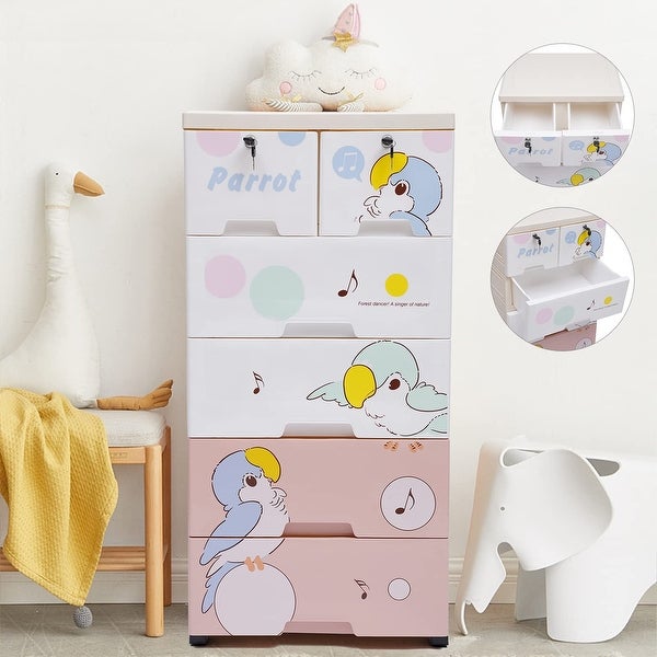 Plastic Drawers Dresser with Parrot Pattern， Storage Cabinet with 6 Drawers， Closet Drawers Tall Dresser Organizer for Clothes - - 37668338