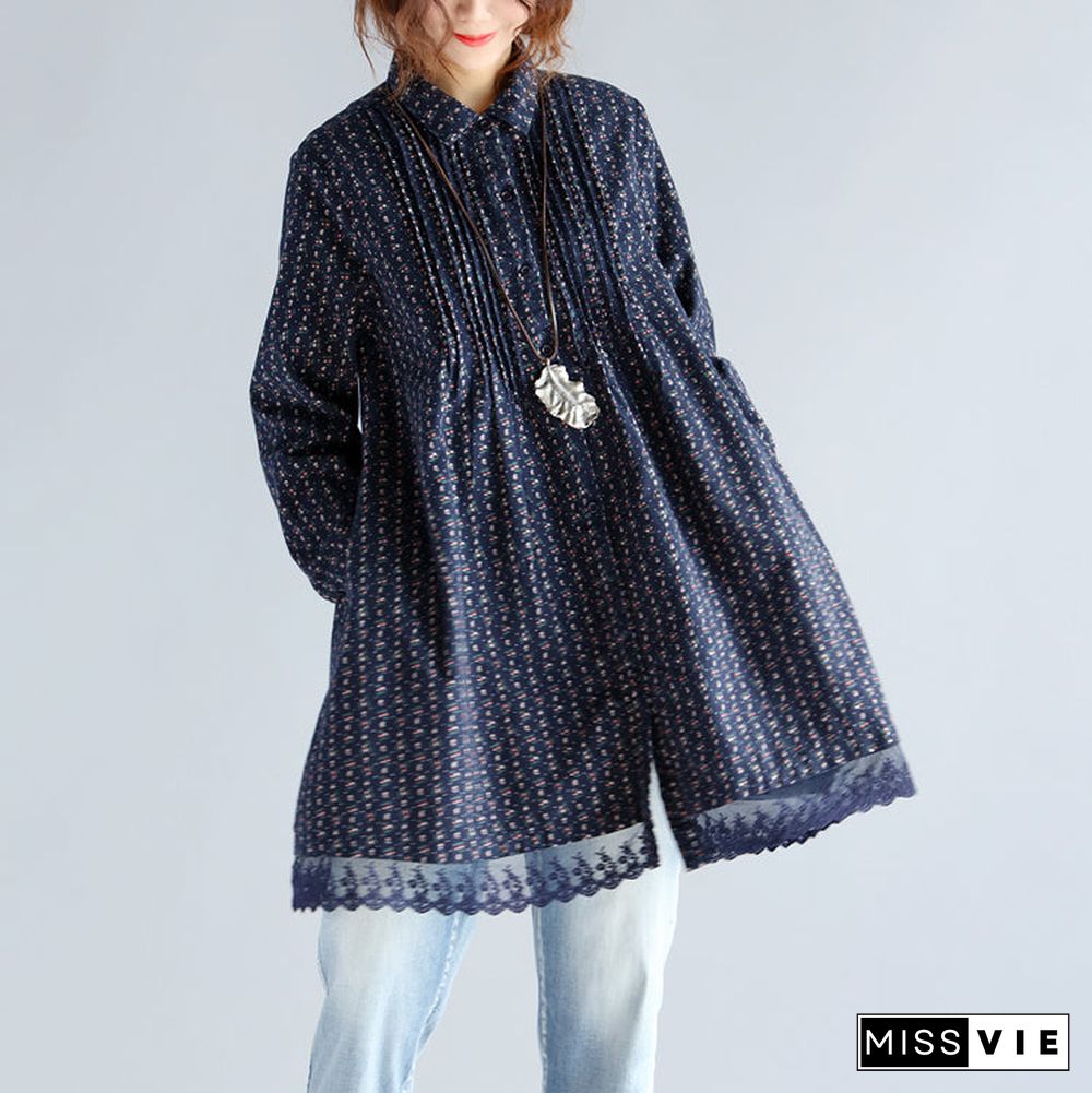 fashion navy print Midi cotton pullover oversize New long sleeve Cinched Turn-down Collar lace cotton blouses