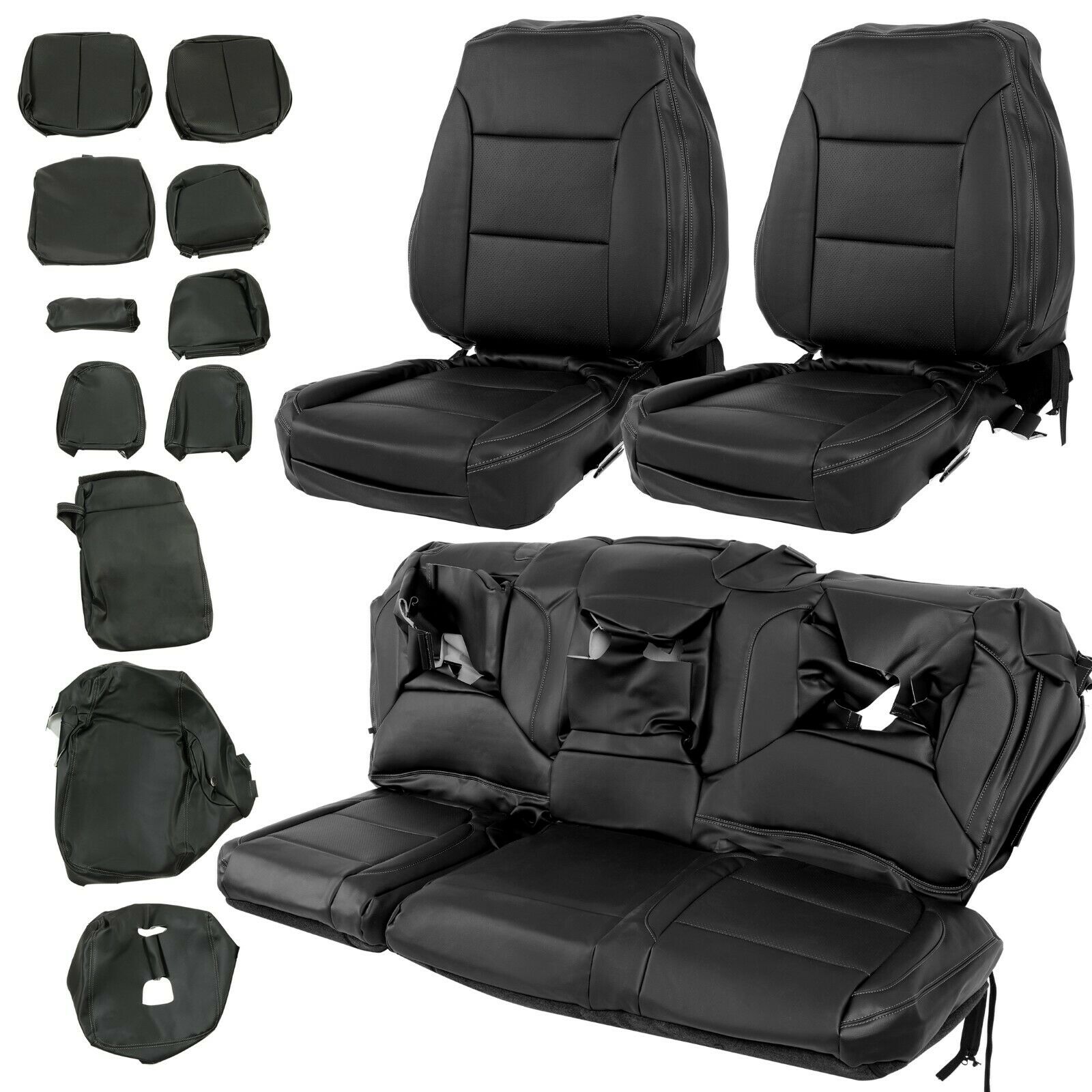 KOJEM Seat Covers Set Compatible with 2019-2023 Chevrolet Silverado GMC Sierra Crew Cab Black LT WT RST Factory Style Synthetic Leather