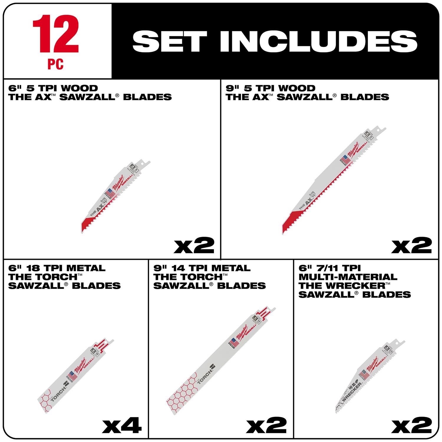 MW SAWZALL 6 and 9 in. Bi-Metal Demolition Reciprocating Saw Blade Set Multi TPI 12 pk