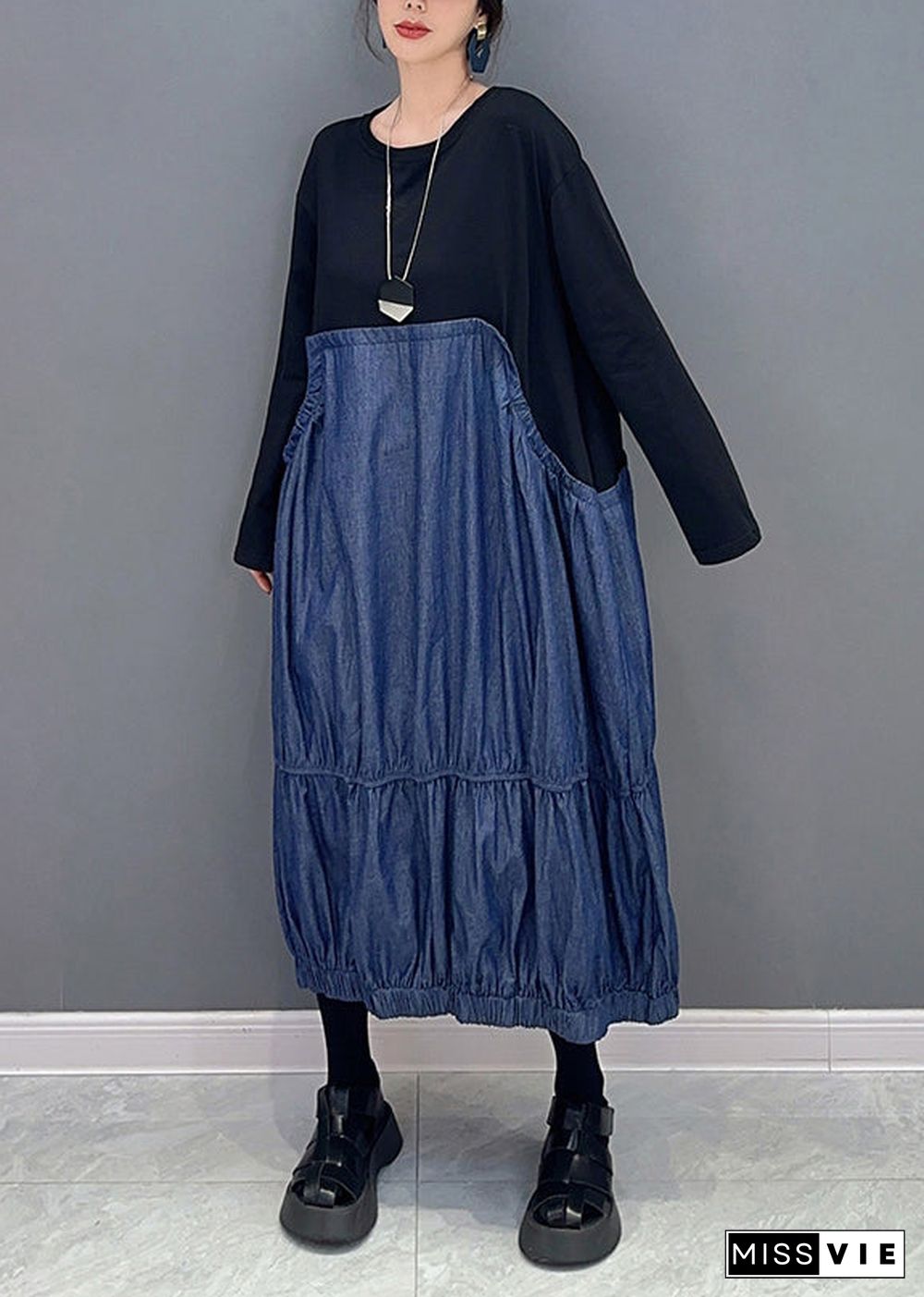 Casual Colorblock Oversized Patchwork Wrinkled Denim Dress Spring