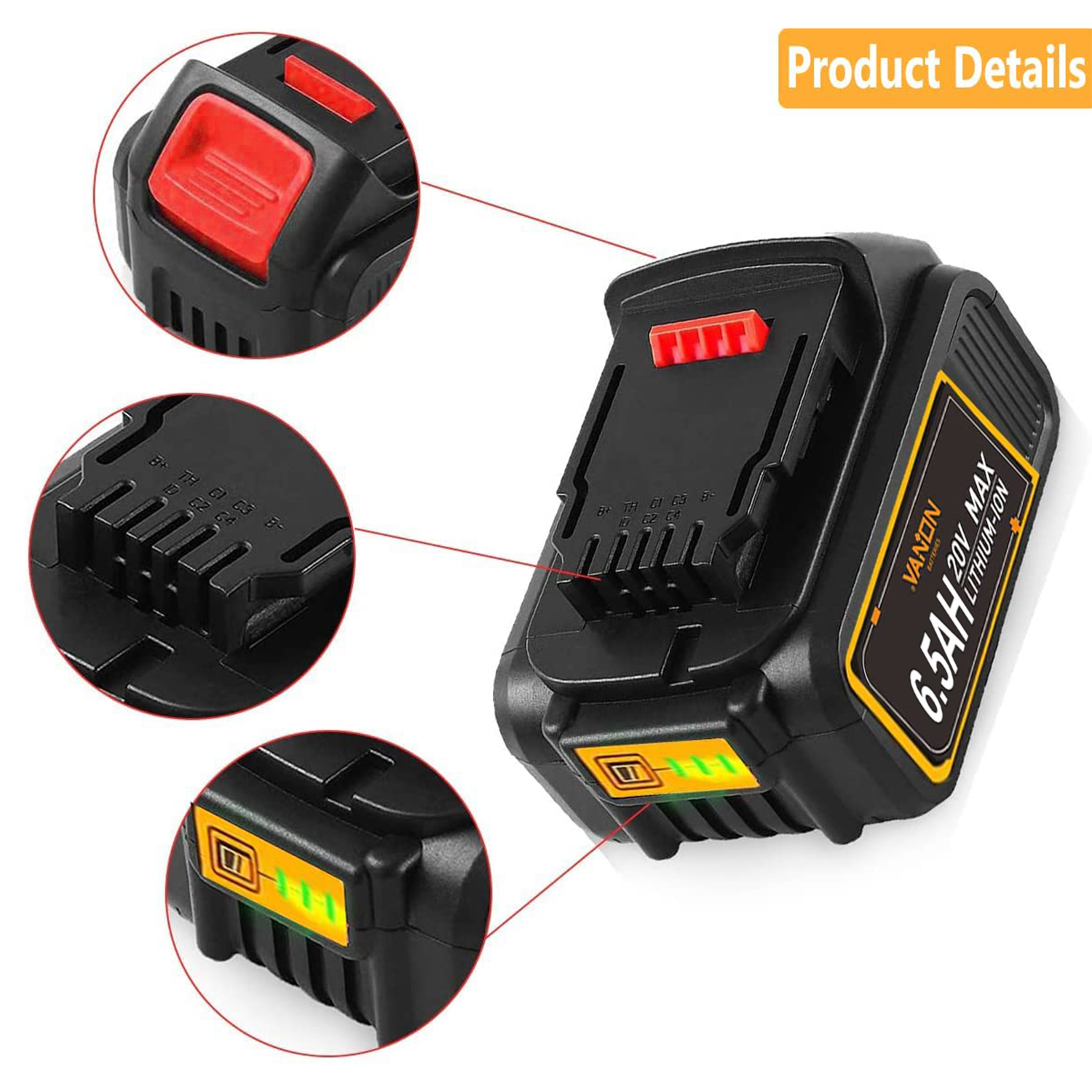 20V 6.5Ah Replacement Batteries Works for Dewalt DCB207 DCB206 DCB205 DCB204， 20V Li-Ion Battery Compatible with Dewalt Cordless Power ToolsI