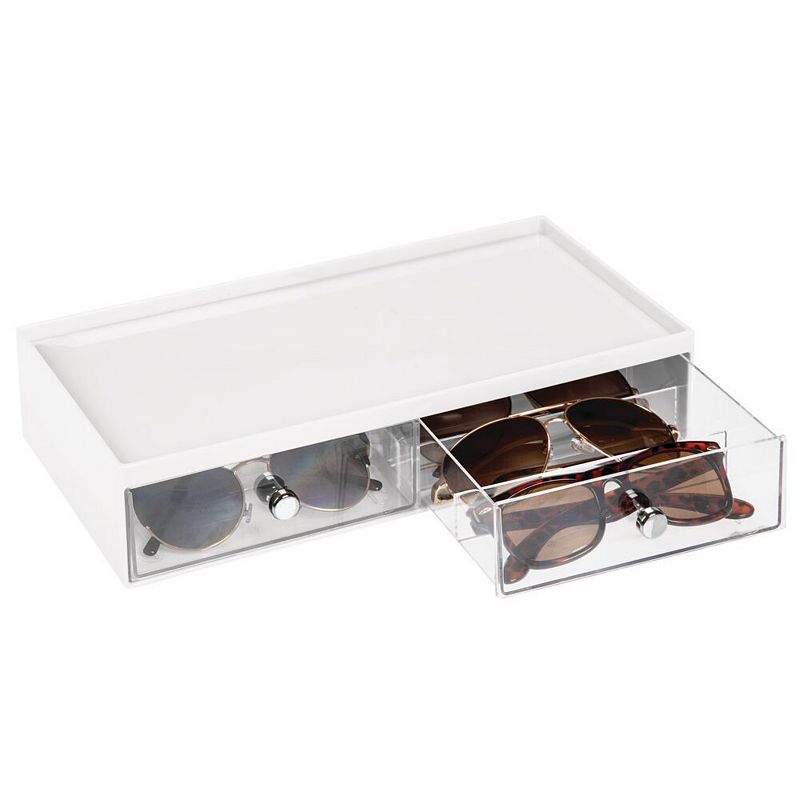 mDesign Wide Plastic Stackable Glasses Organizer Box with 2 Drawers， White/Clear