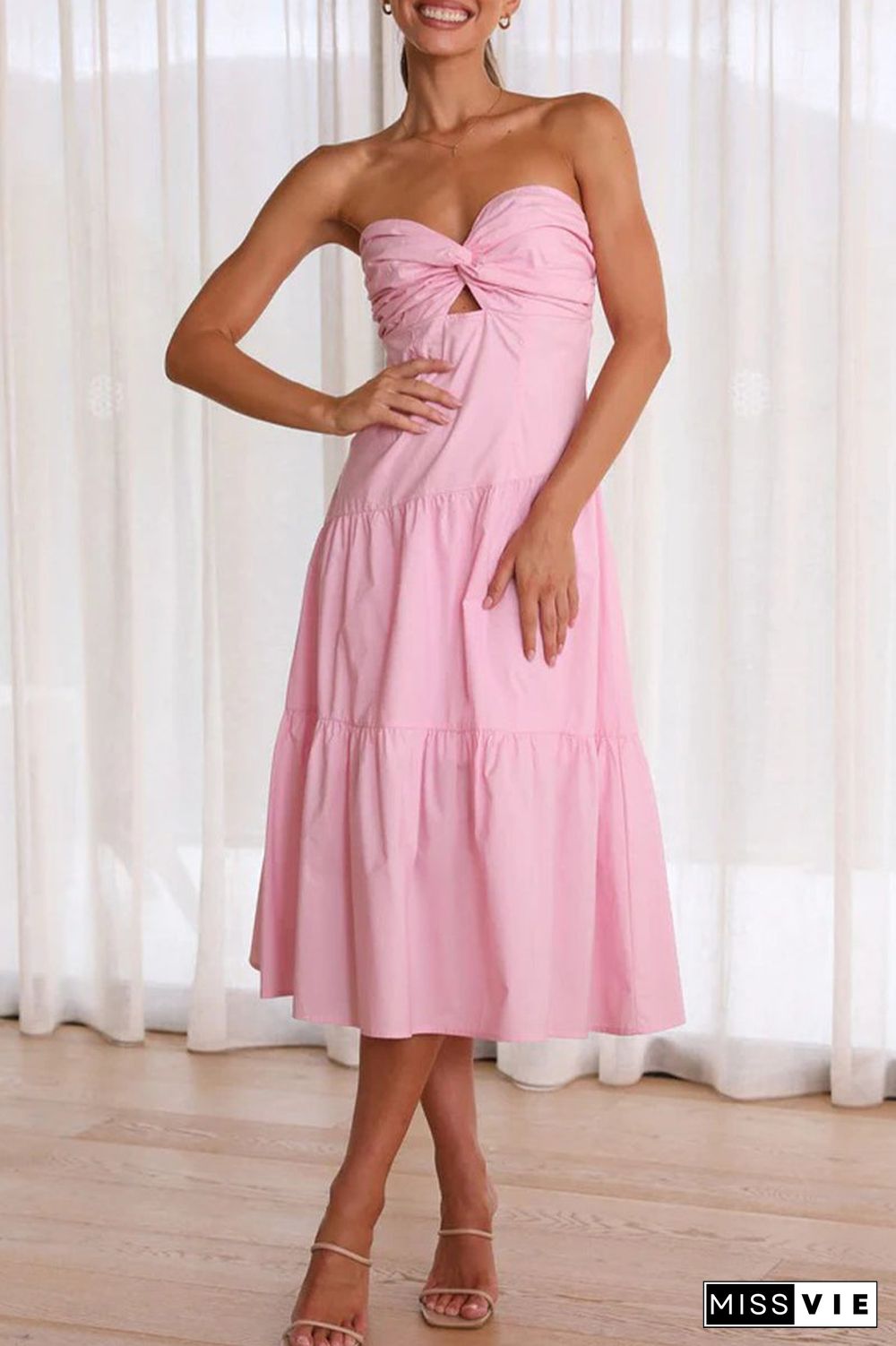 Sweet Elegant Solid Fold Strapless Waist Skirt Dresses