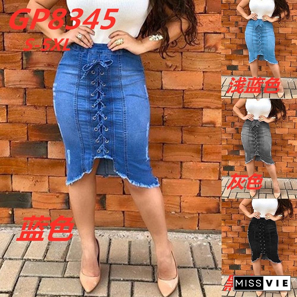 Summer Jeans Denim Pants New Women Fashion Lace Cross High Wasit Skirts Summer Denim Bow Tie Slim Fit Hole Ripper Skirts Jeans Plus Size S-5Xl