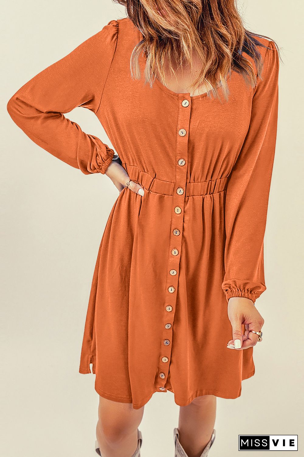 Orange Button Up High Waist Long Sleeve Dress