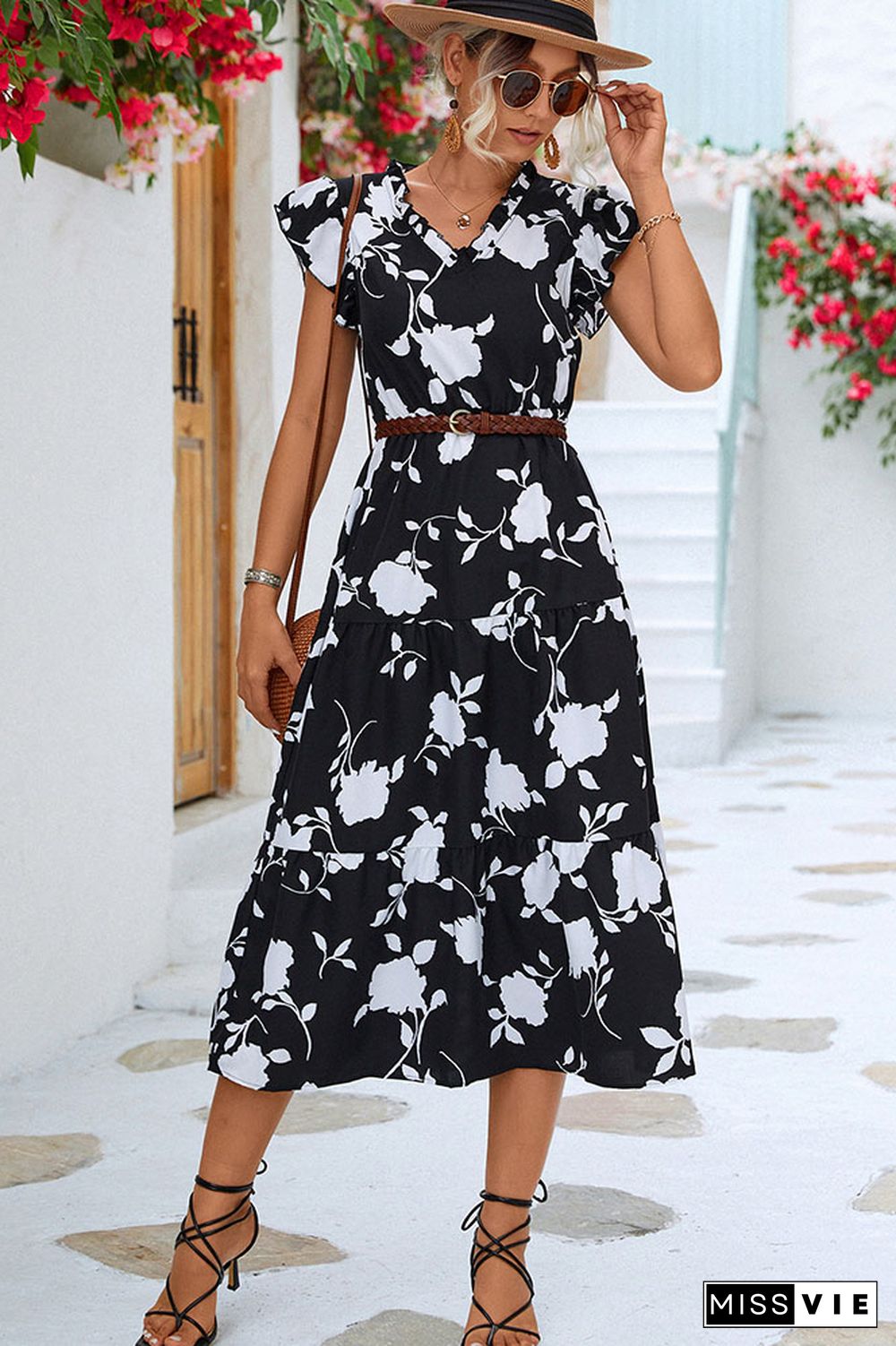 V Neck Ruffle Sleeves Splicing Floral Dress