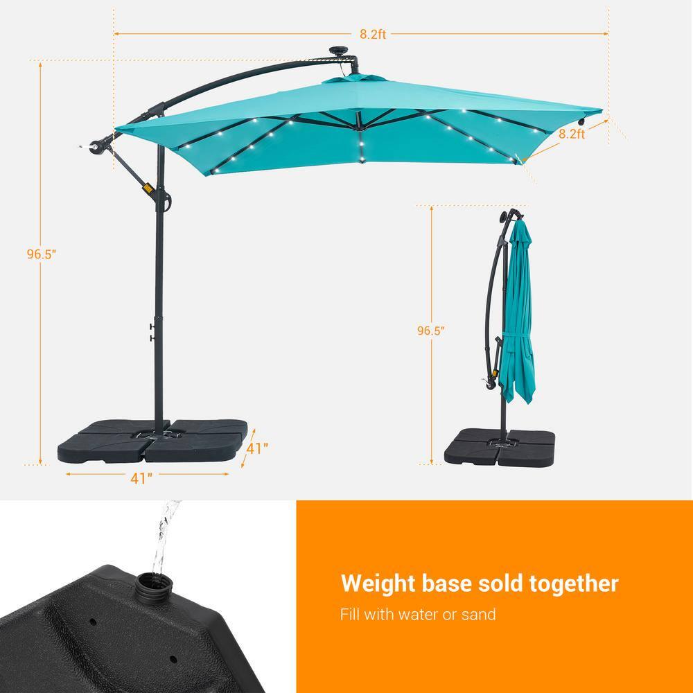 JOYESERY 82 ft Square Solar LED Cantilever Patio Umbrellas With Base in Lake Blue