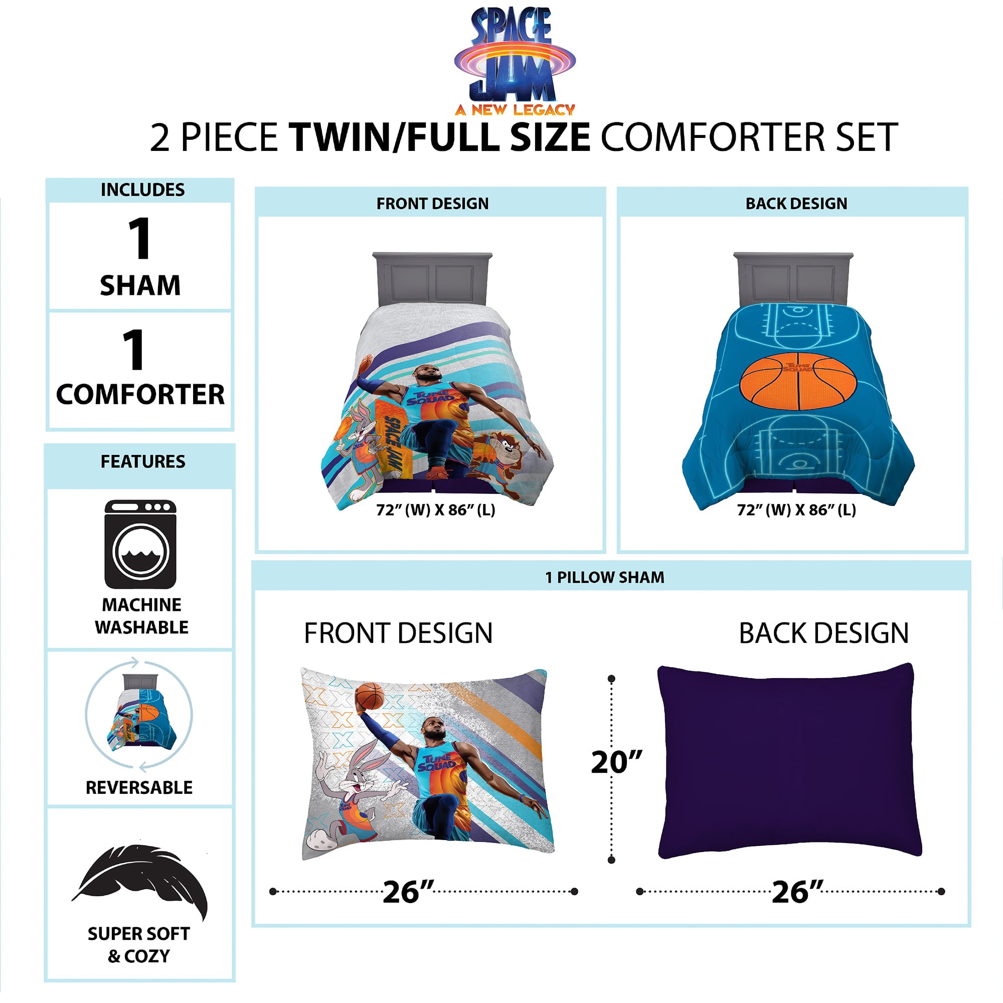 Space Jam Kids Comforter and Sham， 2-Piece Set， Twin/Full， Reversible， Blue， Warner Bros