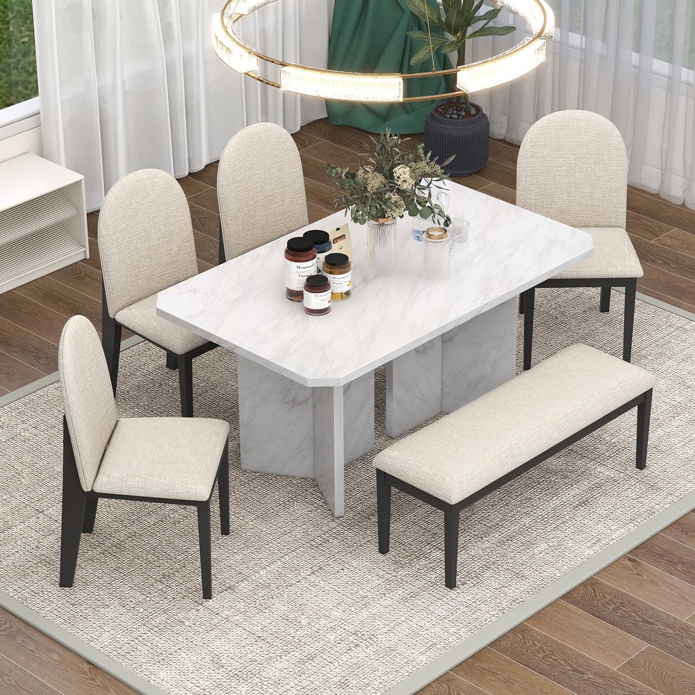 Rectangular Marble Texture Table and 4 Upholstered Dining Chairs1 Bench for Dining Room  6 Piece Modern Dining Table Set