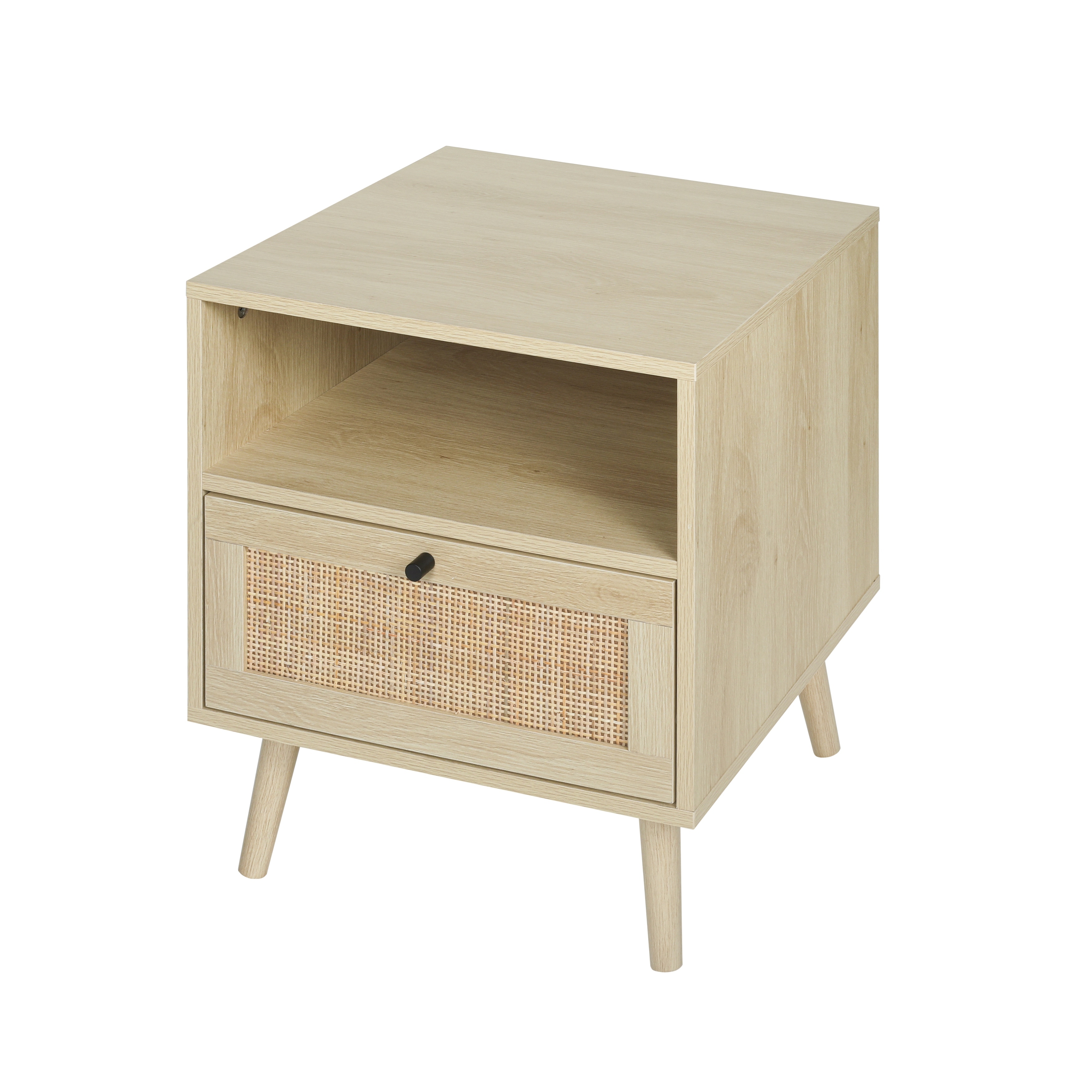 Rattan Nightstand， Wooden Bedside Table End Table for iving Room and Bedroom