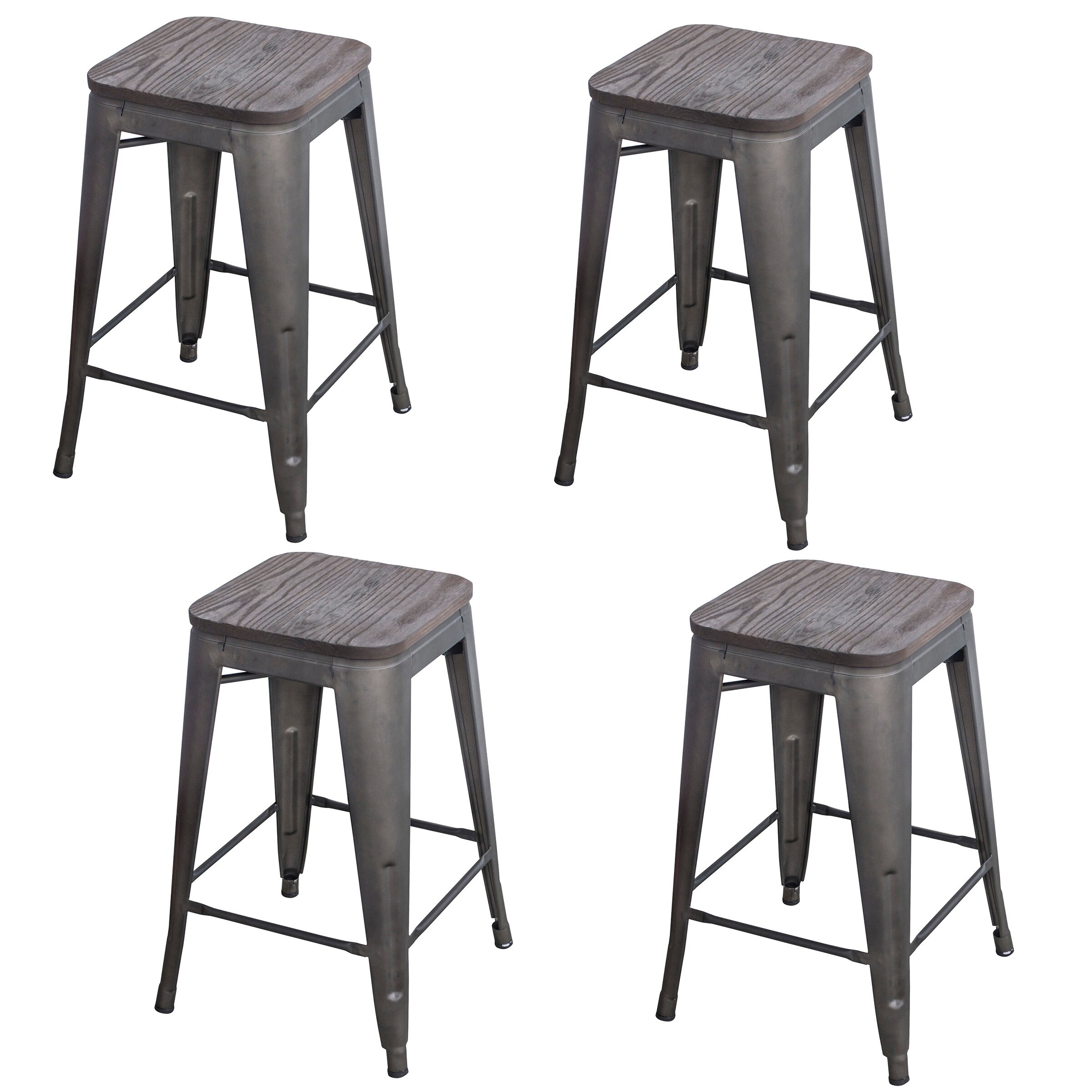 Black 24 in. Metal Bar Stool with Wood Seat- 4 Piece