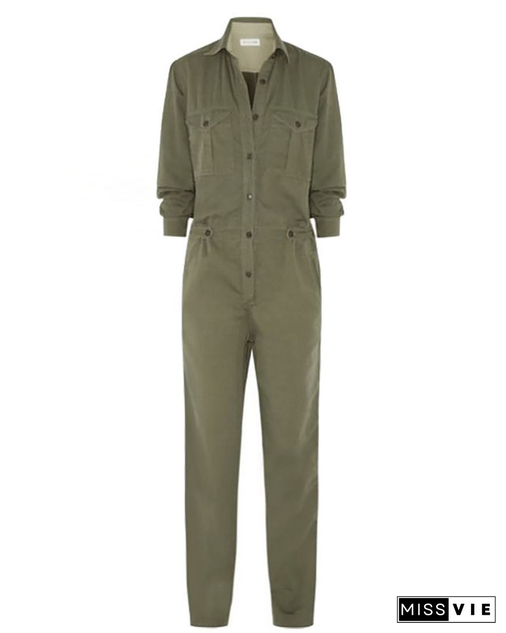 Solid Long Sleeve Cargo Jumpsuit