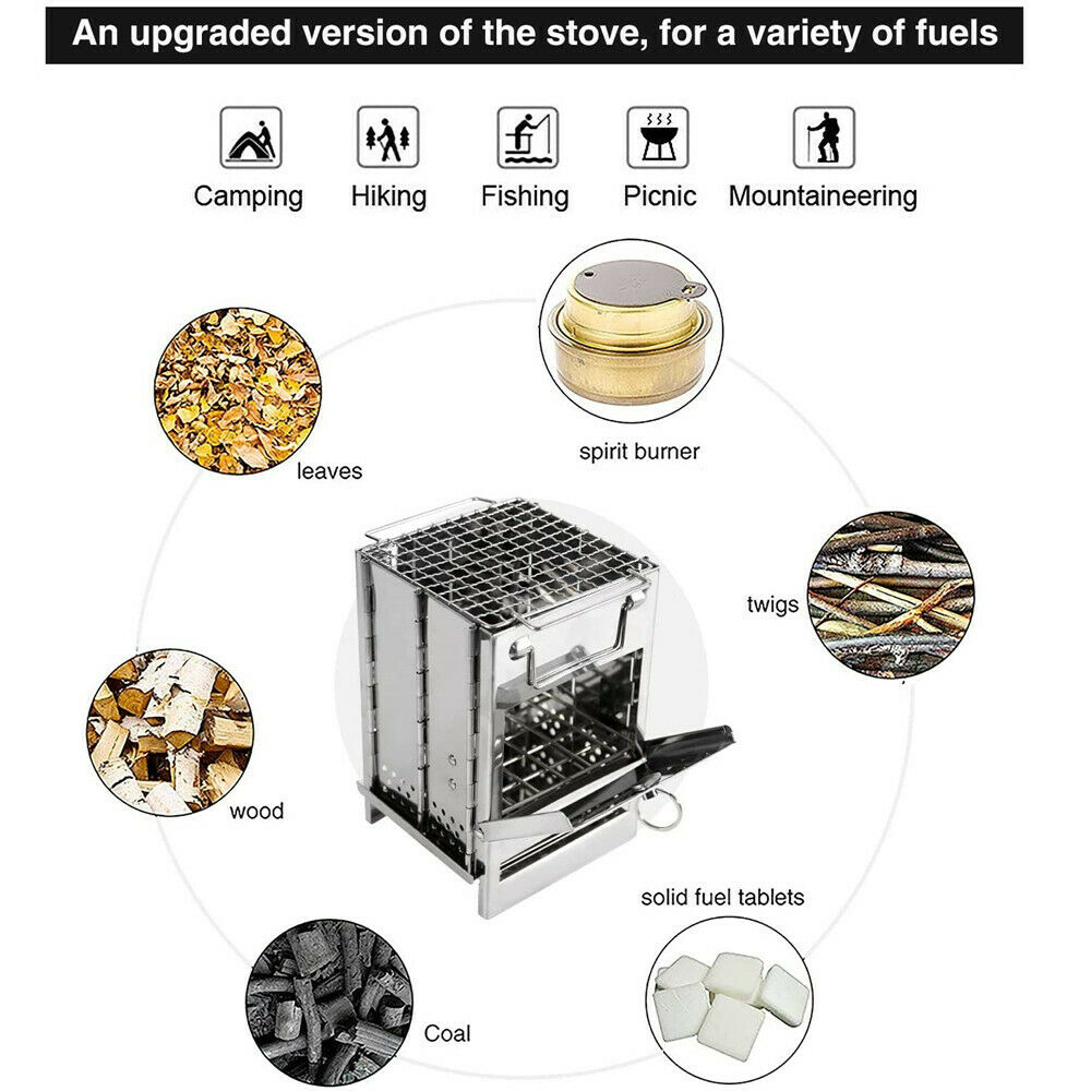 Portable Stainless Steel Camping Wood Alcohol Burning Stove Outdoor Picnic BBQ