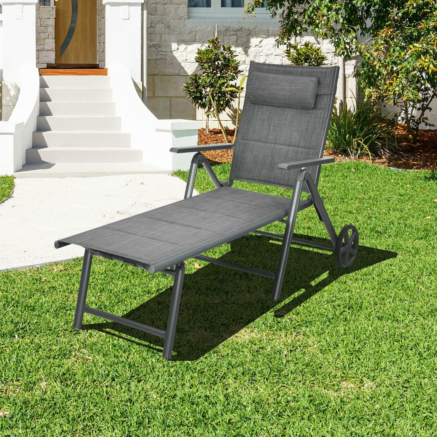 Patio Reclining Chaise Lounge with Adjust Neck Pillow-Gray